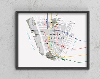 マンハッタン、ニューヨークの地図 - 色分けされた地区の印刷 - Etsy 日本