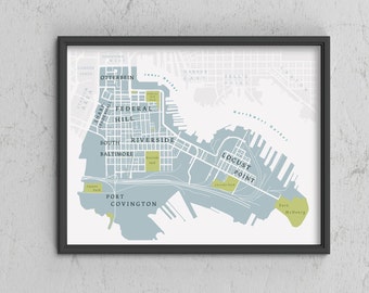South Baltimore / Federal Hill / Riverside / Locust Point Area Neighborhood Map Print