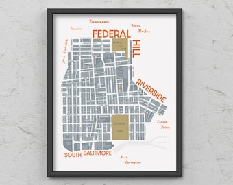 Federal Hill / Riverside / South Baltimore Neighborhood Map Print, Baltimore, Maryland