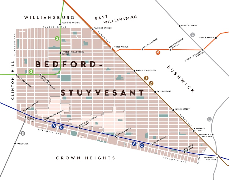 Bedford-stuyvesant Neighborhood Map Print, Brooklyn, New York City - Etsy