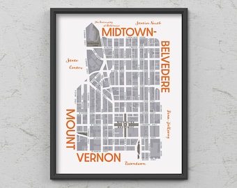 Mount Vernon / Midtown-Belvedere Neighborhood Map Print, Baltimore, Maryland