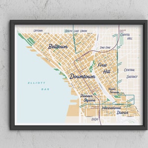 Centro de Seattle / Belltown / First Hill / Pioneer Square / Yesler Terrace Mapa del vecindario Print, Seattle, Washington