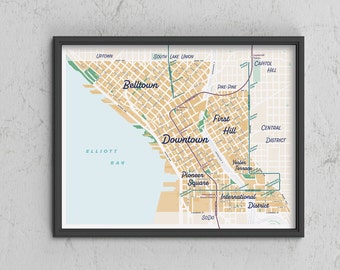 Downtown Seattle / Belltown / First Hill / Pioneer Square / Yesler Terrace Neighborhood Map Print, Seattle, Washington