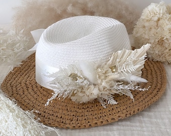 Composition florale BOHEME pour chapeaux - chapeaux fleurs séchées pour mariage et baptême - chapeau non inclus