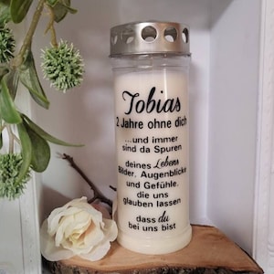 Grave candle personalized with desired text and photo or motif