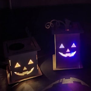 Lámpara de Halloween / linterna Jack-o hecha de madera con diferentes motivos y luz solar imagen 2