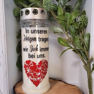 Grave light grave candle &quot;Heart&quot; personalized with desired text 7 day burner
