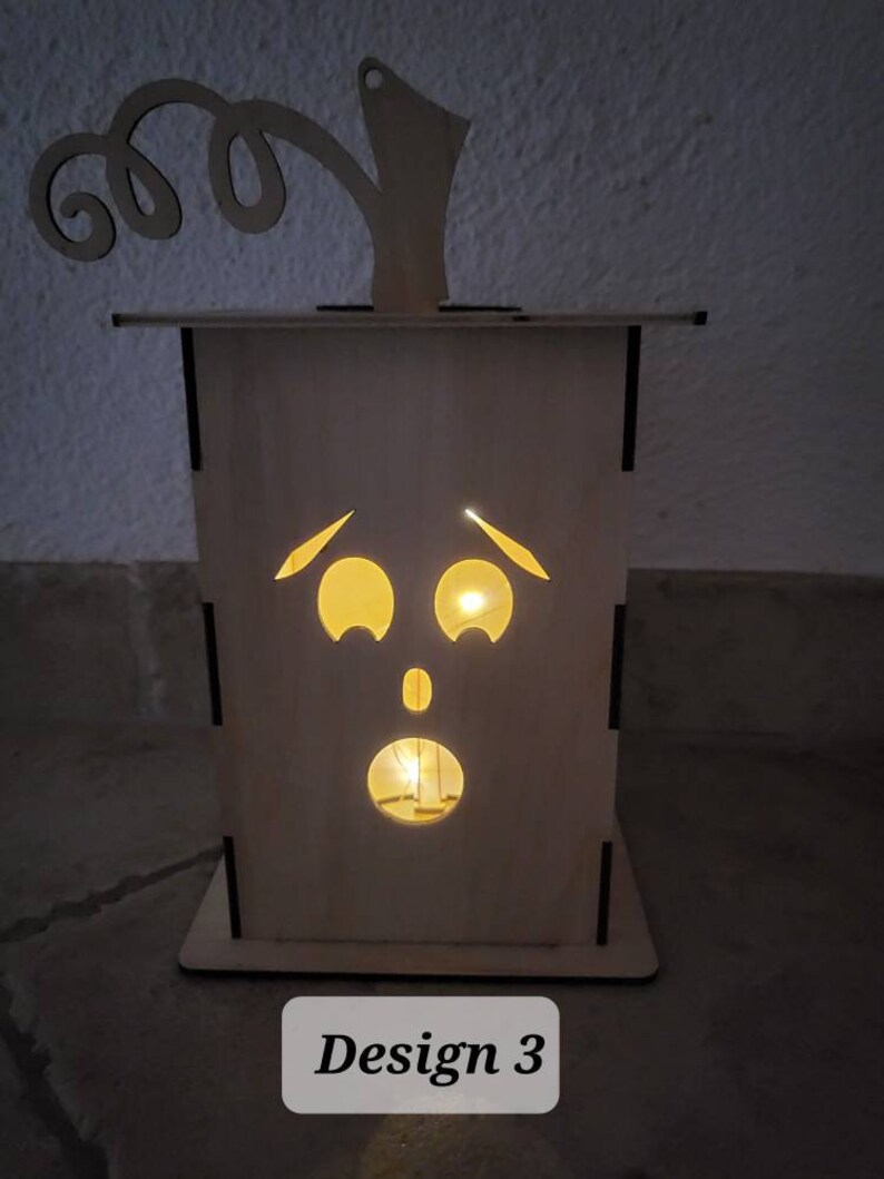 Lámpara de Halloween / linterna Jack-o hecha de madera con diferentes motivos y luz solar imagen 6