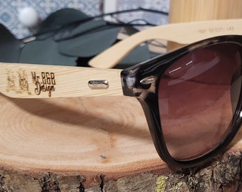 Personalized sunglasses with bamboo brackets and lasered desired text/motif