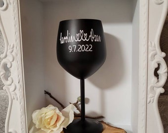 Stainless steel wine glass personalized with name or desired text/motif in black matt 475ml or 350ml gloss