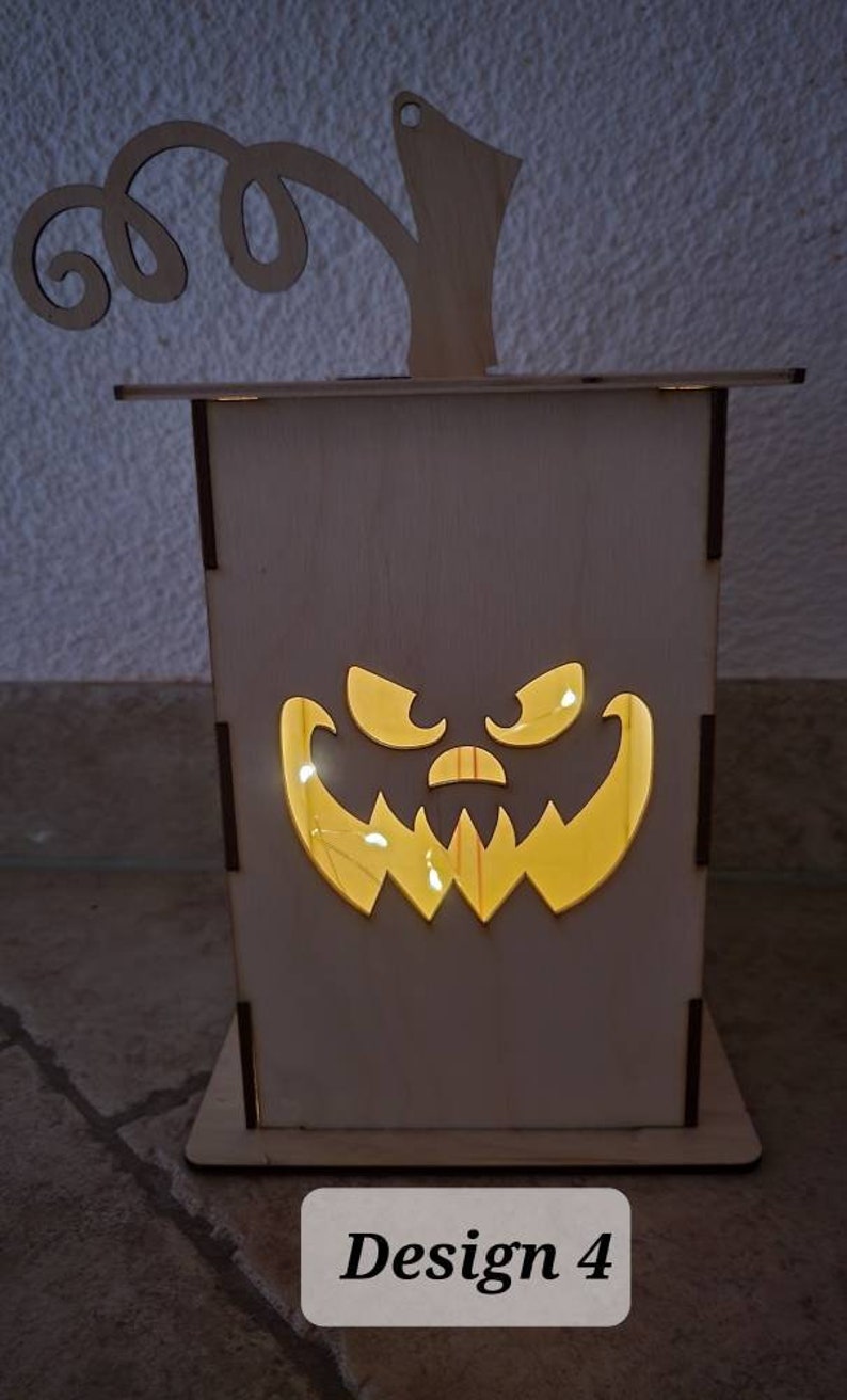 Lámpara de Halloween / linterna Jack-o hecha de madera con diferentes motivos y luz solar imagen 7