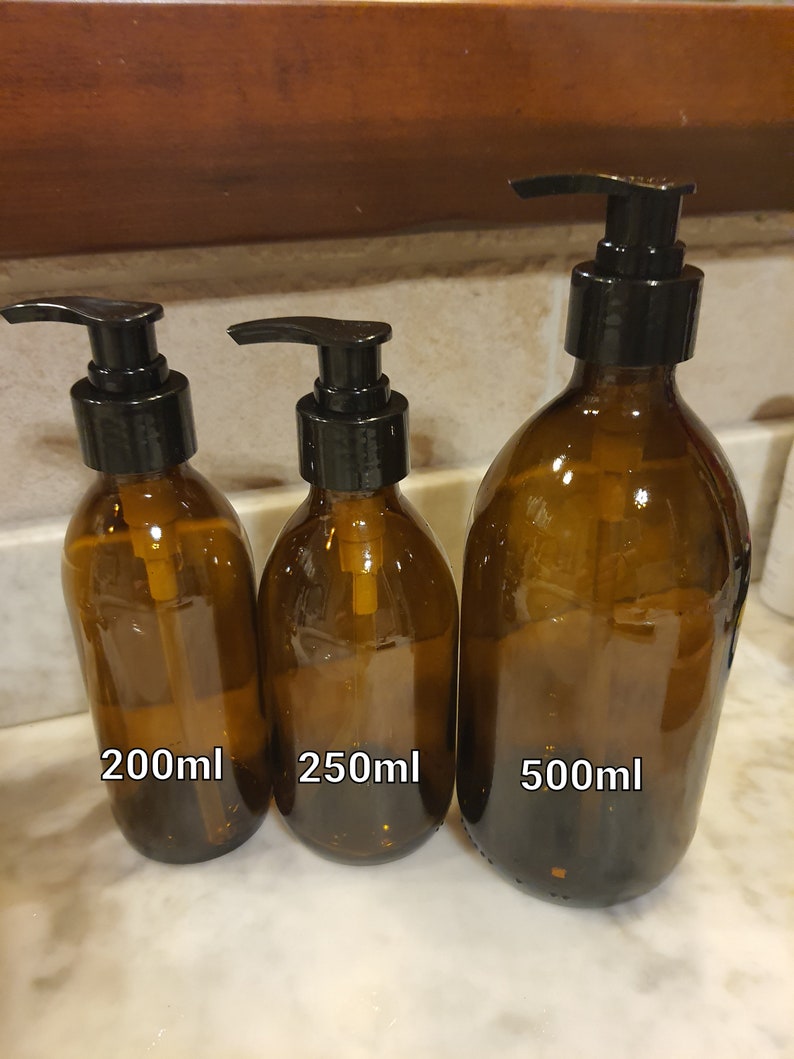 Amber glass bottle personalized for detergent, soap, shower gel, shampoo... etc with pump lid 200ml, 250ml or 500ml image 7