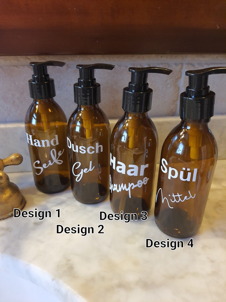 Amber glass bottle personalized for detergent, soap, shower gel, shampoo... etc with pump lid 200ml, 250ml or 500ml image 2