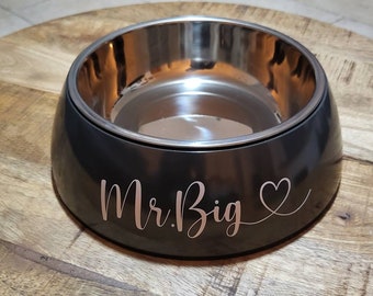 Personalized dog bowl, cat bowl, feeding bowl, water bowl with name and desired motif, size L, 700ml in white and grey