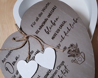 Wooden heart box, decoration, storage box personalized with desired text, laser engraving