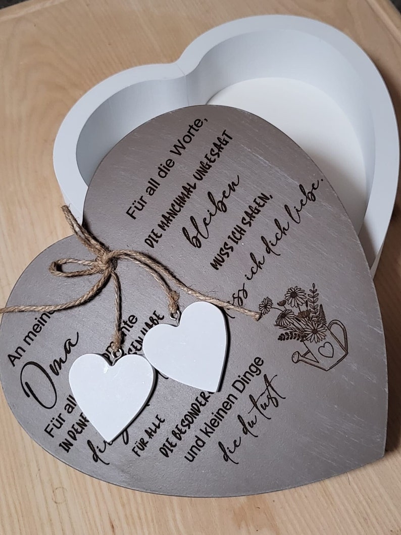 Wooden heart box, decoration, storage box personalized with desired text, laser engraving image 1