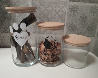 Vorratsglas Leckerliglas Leckerlibehälter Glas mit Holzdeckel Hund Katze verschiedene Größen