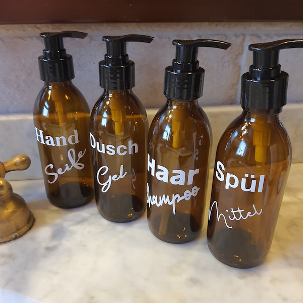 Braunglasflasche personalisiert für Spülmittel, Seife, Duschgel, Shampoo...usw mit Pumpdeckel 200ml, 250ml oder 500ml