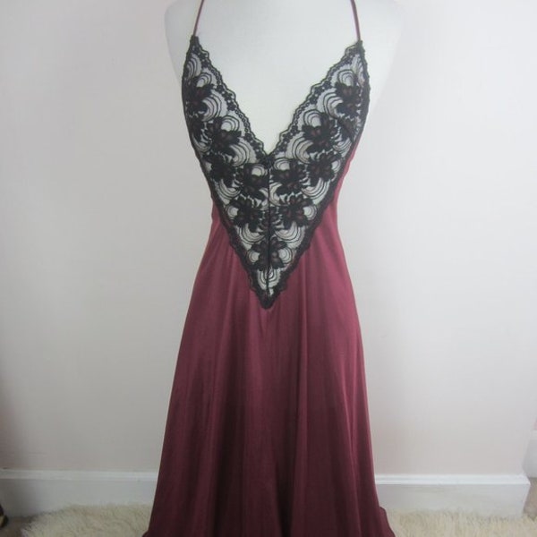 Vintage ADONNA Wide Sweeping Nightgown Burgundy Silky Nylon with Black Lace Bodice Size Small