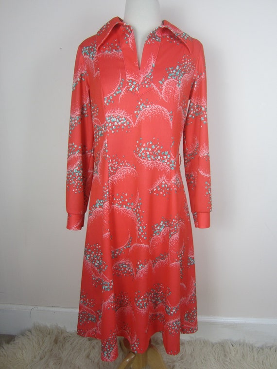 Vintage 1960's Sears House Dress Hostess Midi A-Line Dress Women's Size 12 Orange and Green Floral Zip Back Wide Collar