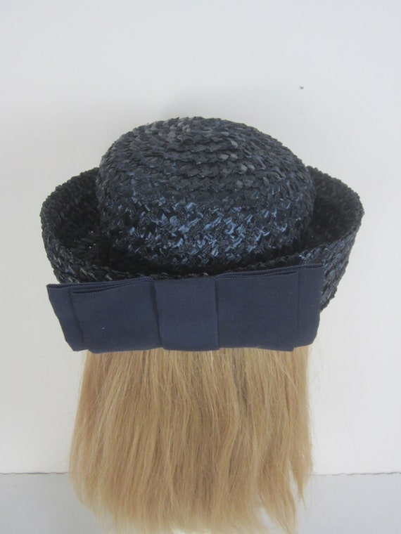 Black Woven Ribbon Vtg Hat BLACK straw Woven Grosgrain Ribbon Cloche Brimmed Hat  main image 3