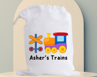 Drawstring Toy Train Bag - Personalised with the child's name - Cute train design- Perfect Kid's Gift - Available in three sizes