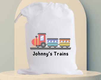 Drawstring Toy Train Bag - Personalised with the child's name - Cute train design- Perfect Kid's Gift - Available in three sizes
