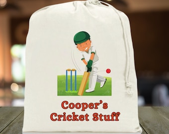 Sac de cricket avec cordon de serrage - design de joueur de cricket en dessin animé - personnalisé avec nom - Gardez les gants de cricket et les balles ensemble au même endroit.