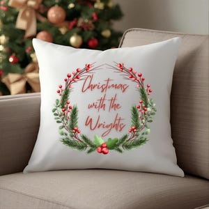 Personalized Family Christmas Cushion: Velvet Wreath Decor