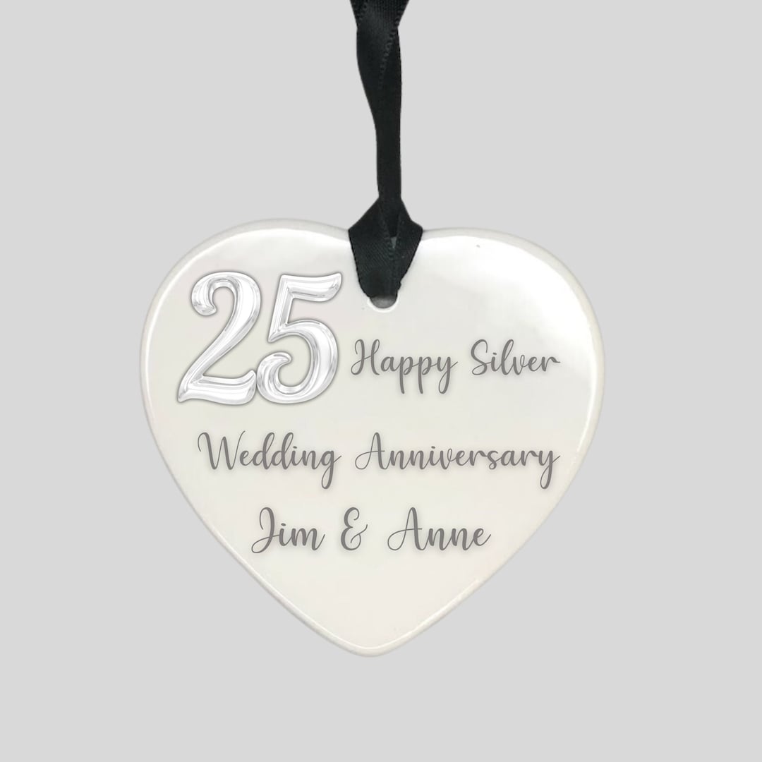 Personalised Silver Wedding Anniversary Hanging Heart Ornament - 25th ...