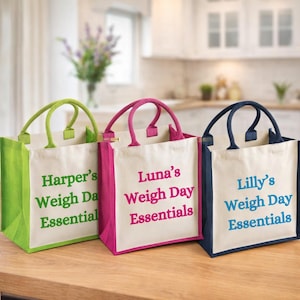 Artículos esenciales para adelgazar: bolsa de yute personalizada para el día de la pérdida de peso - Slimming Club Essentials