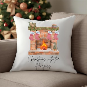 Personalized Christmas Family Cushion: Fireplace & Stockings Decor