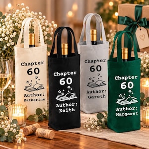 Personalised 60th Birthday Wine Bottle Bag, Chapter 60 Gift, Custom Name Cotton Canvas Wine Carrier, 60th Birthday Gift for Her or Him
