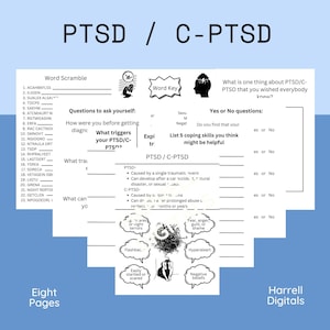 May include: A worksheet with a word scramble, word key, and yes or no questions about PTSD and C-PTSD. The worksheet includes a list of coping skills and a section on what triggers PTSD and C-PTSD. The worksheet also includes a section on what to ask yourself before getting diagnosed with PTSD or C-PTSD.