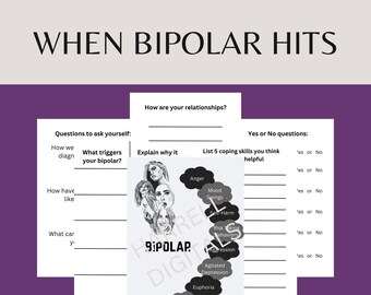 Arbetsblad för bipolär sjukdomsterapi, copingfärdigheter för bipolär sjukdomshantering, journal för bipolär terapi, journal för mani och depression, present till trauma