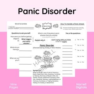 May include: A printable worksheet with a black and white illustration of a person experiencing a panic attack. The worksheet is titled "Panic Disorder" and includes sections for word scramble, word key, questions to ask yourself, and how to handle a panic attack. The worksheet also includes a list of symptoms of panic disorder.