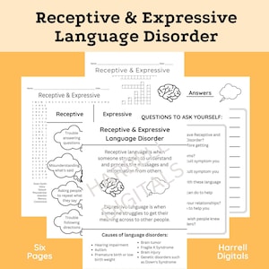 May include: Black and white printable worksheet with a brain graphic and text that reads "Receptive & Expressive Language Disorder". The worksheet includes a word search, questions to ask yourself, and a list of causes of language disorders.