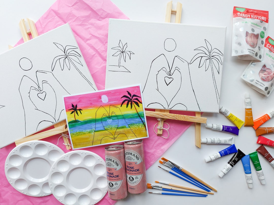 Pre Drawn Sip and Paint Gift Set. Sip N' Paint Art Set. Pre Drawn Canvas. Art Gift Set. Date