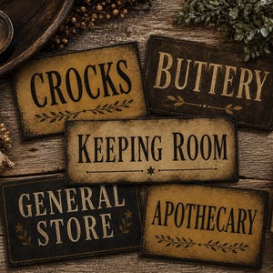 May include: A selection of rectangular wooden signs with black lettering, including "Crocks", "Buttery", "Keeping Room", "General Store", and "Apothecary". The signs have a distressed, vintage look with floral decorations. The signs are arranged on a wooden surface.