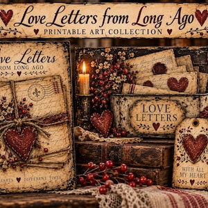 May include: A printable art collection titled Love Letters from Long Ago featuring vintage-style envelopes, red hearts, berries, and script text. The set includes four printables, two 5x7 inch prints, and two tags with rustic, aged paper textures.