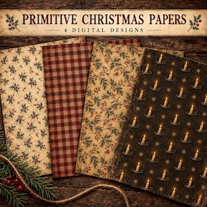 Könnte beinhalten: Vier digitale Papiere mit dem Titel PRIMITIVE CHRISTMAS PAPERS mit Weihnachtsmustern. Die Designs umfassen Stechpalmenzweige auf Creme, rot-braunes Karomuster, Tannenzweige auf Beige und brennende Kerzen mit Sternen auf dunkelbraunem Grund.