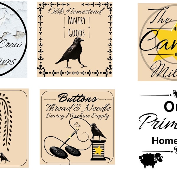 Instant Download - Primitive Labels (digital Download) (6) 2 x 2 inch Labels- Prim Printable Tags - Graphics For Home Decor-  Rustic/Country