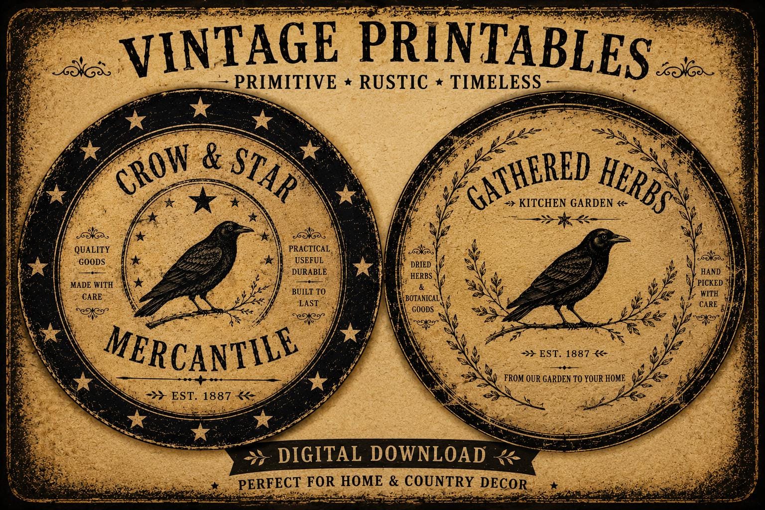Primitive Crow Printable Bundle | Rustic Mercantile Labels | 4 Digital ...