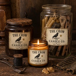 Op de afbeelding: Een donkerbruine pot met deksel, een glazen pot gevuld met kaarsen en een kleine brandende kaars, allemaal met labels met een kraai en de tekst THE CROW and CANDLE CO. EST. 1845, samen met een metalen lontknipper en een klosje garen.