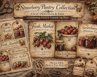 Conjunto imprimible de fresas vintage: etiquetas, rótulos y decoración de pared.