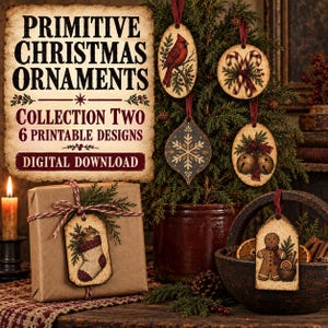 May include: A set of six printable Christmas ornaments featuring vintage-style illustrations of a cardinal, candy canes, a snowflake, bells, a mouse in a stocking, and a gingerbread man, presented as a digital download collection.