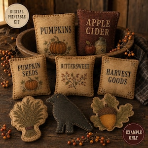 May include: A collection of five rectangular fabric cushions and three shaped fabric ornaments featuring autumn-themed graphics and text including PUMPKINS, APPLE CIDER, PUMPKIN SEEDS, BITTERSWEET, and HARVEST GOODS, alongside illustrations of a pumpkin, apple, berries, a crow, and an acorn.
