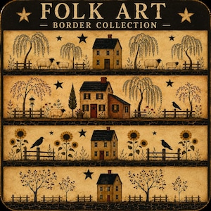 Puede incluir: Un letrero decorativo cuadrado titulado FOLK ART BORDER COLLECTION con cuatro paneles horizontales. Cada panel muestra una casa, cercas de madera, estrellas y elementos rurales como sauces, ovejas, girasoles y pájaros negros sobre un fondo beige.