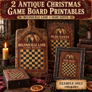 Peut inclure: Deux jeux de plateau de Noël anciens à imprimer avec les motifs Belsnickle Lane et Olde Santa. Les plateaux présentent un damier, des illustrations du Père Noël et du texte. L'ensemble inclut une planche en bois, un cadre et une petite boîte.