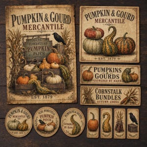 May include: A collection of vintage-style signs featuring illustrations of pumpkins, gourds, cornstalks, and crows. The signs include text such as Pumpkin & Gourd Mercantile, Olde Homestead Pumpkin Patch, and Cornstalk Bundles, all with a weathered aesthetic.